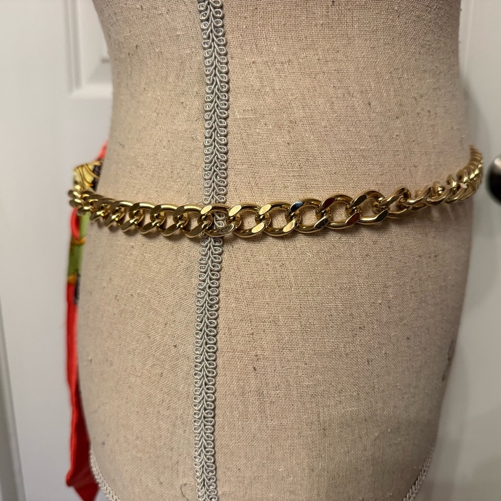 J. McLAUGHLIN BELT ORANGE GREEN SASH TIE GOLD CHAIN - Picture 5 of 9